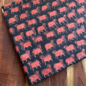 Black and Red Dabu Bagru Hand Block Printed Cotton Fabric with Bull print