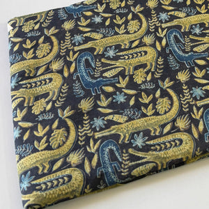 Green and Blue Ajrakh HandBlock Printed Pure Cotton Fabric with crocodile animal print