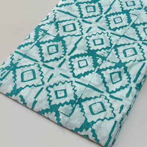 Green and Off White Bagru HandBlock Printed Pure Cotton Fabric with abstract print