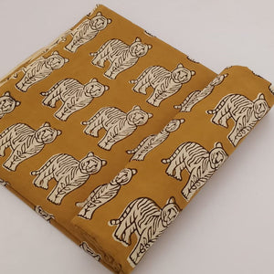 Yellow and off white Bagru Hand Block Printed Pure Cotton Fabric with tiger animal print 