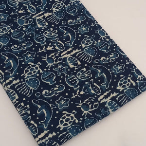 Blue and Off white Dabu Indigo Hand Block Printed Pure Cotton Fabric with fish animal print