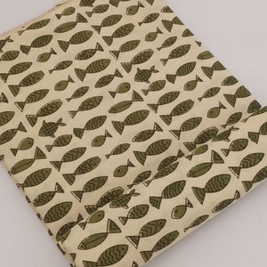 Grey and Off White Bagru Hand Block Printed Pure Cotton Fabric with fish print