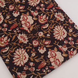 Black and Red Bagru Hand Block Printed Pure Cotton Fabric with floral print