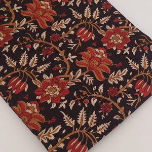 Black and Red Bagru Hand Block Printed Pure Cotton Fabric with floral print
