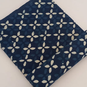 Blue and Off White Dabu Indigo Hand Block Printed Pure Cotton Fabric with floral print
