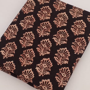 Black and Off White Bagru Hand Block Printed Pure Cotton Fabric with floral print