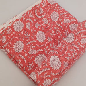 Off White and Red Sanganeri Hand Block Printed Pure Cotton Fabric with floral print