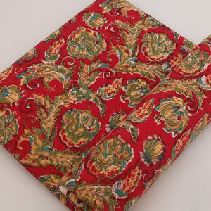 Green and Red Sanganeri Hand Block Printed Pure Cotton Fabric with floral print