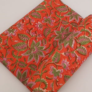 Red and Green Sanganeri Hand Block Printed Pure Cotton Fabric with floral print