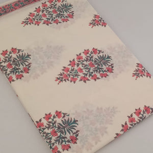 Off white and Red Sanganeri Hand Block Printed Pure Cotton Fabric with floral print