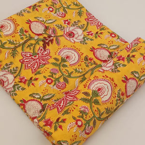 Yellow and Red Sanganeri Hand Block Printed Pure Cotton Fabric with floral print