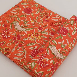 Red and Orange Sanganeri Hand Block Printed Pure Cotton Fabric with floral print