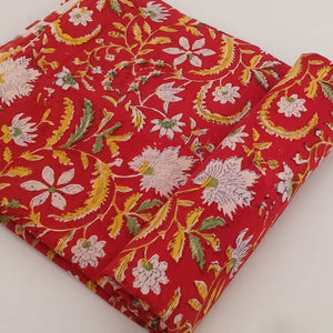 Red and Yellow Sanganeri Hand Block Printed Pure Cotton Fabric with floral print