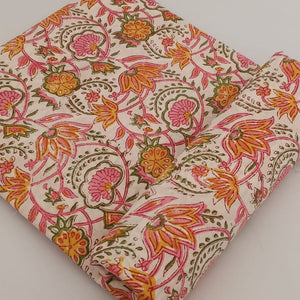 Yellow and Pink Sanganeri Hand Block Printed Pure Cotton Fabric with floral print