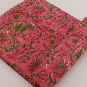 Green and Pink Sanganeri Hand Block Printed Pure Cotton Fabric with floral print