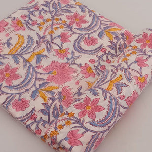 Purple and Pink Sanganeri Hand Block Printed Pure Cotton Fabric with floral print