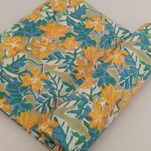 Blue and Yellow Sanganeri Hand Block Printed Pure Cotton Fabric with floral print
