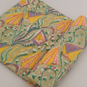 Green and Yellow Sanganeri Hand Block Printed Pure Cotton Fabric with kite print
