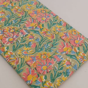 Green and Yellow Sanganeri Hand Block Printed Pure Cotton Fabric with floral print