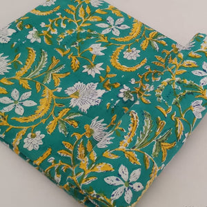 Green and Yellow Sanganeri Hand Block Printed Pure Cotton Fabric with floral print