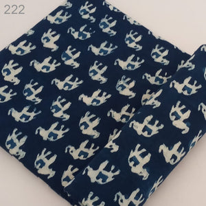 Blue and White Dabu Bagru Hand Block Printed Cotton Fabric with elephant animal print
