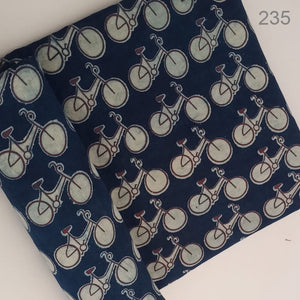 Blue and off white Dabu Hand Block Printed Pure Cotton Fabric with bicycle print