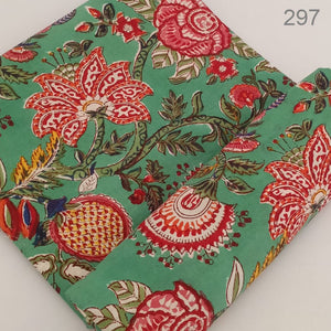 Red and Green Sanganeri Hand Block Printed Pure Cotton Fabric with floral print