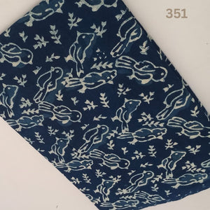 Blue and White Dabu Indigo Hand Block Printed Pure Cotton Fabric with bird print