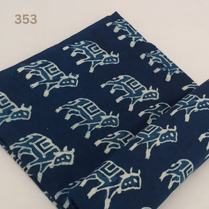 Blue and White Dabu Indigo Hand Block Printed Pure Cotton Fabric with bull animal print