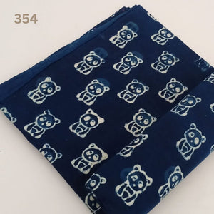 Blue and White Dabu Indigo Hand Block Printed Pure Cotton Fabric with panda animal print