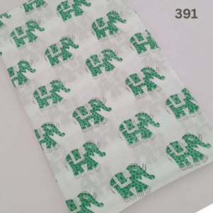Green and White Sanganeri Hand Block Printed Pure Cotton Fabric with elephant design