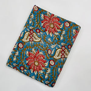 Red and Blue Sanganeri Hand Block Printed Cotton Fabric with floral print