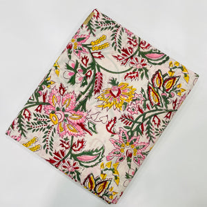 Pink and Yellow Sanganeri Hand Block Printed Cotton Fabric with floral print