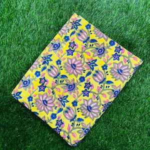 Yellow and Blue Sanganeri Hand Block Printed Cotton Fabric with floral print