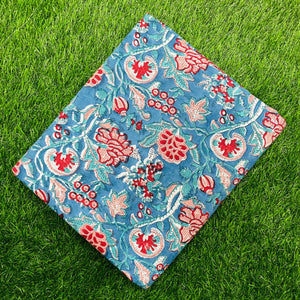 Red and Blue Sanganeri Hand Block Printed Cotton Fabric with floral print