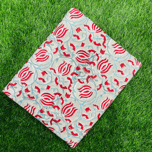 Red and grey Sanganeri Hand Block Printed Cotton Fabric with floral print