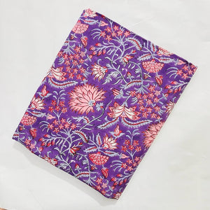 Purple and Pink Sanganeri Hand Block Printed Cotton Fabric with floral print