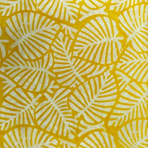 White and Yellow Sanganeri Hand Block Printed Pure Cotton Fabric with leaf print