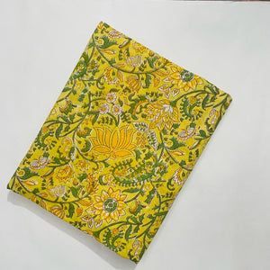 Green and Yellow Sanganeri Hand Block Printed Pure Cotton Fabric with floral  print