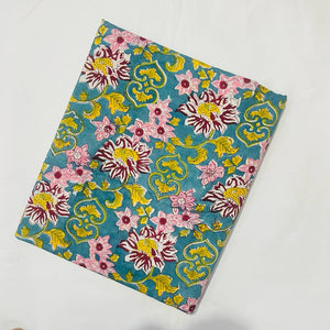 Blue and Yellow Sanganeri Hand Block Printed Pure Cotton Fabric with floral  print