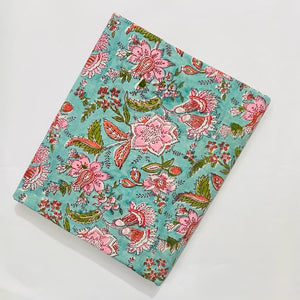 Blue and Pink Sanganeri Hand Block Printed Pure Cotton Fabric with floral print