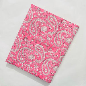 Pink and White Sanganeri Hand Block Printed Pure Cotton Fabric with floral and paisley print
