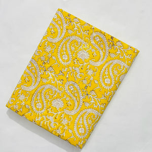 Yellow and White Sanganeri Hand Block Printed Pure Cotton Fabric with floral and paisley print