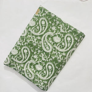 Green and White Sanganeri Hand Block Printed Pure Cotton Fabric with floral and paisley print