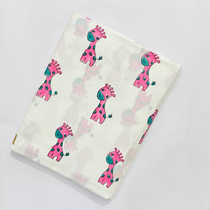 Pink and Blue Sanganeri Hand Block Printed Pure Cotton Fabric with giraffe animal and cartoon print