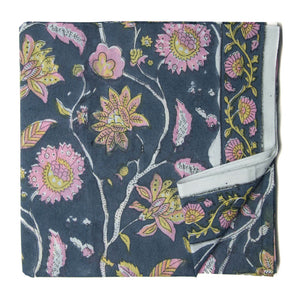 Blue and pink Sanganeri Hand Block Printed Cotton Fabric with floral print