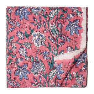 Blue and Pink Sanganeri Hand Block Printed Cotton Fabric with floral design