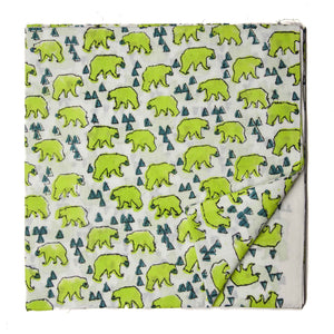 Green and White Sanganeri Hand Block Printed Cotton Fabric with animal design