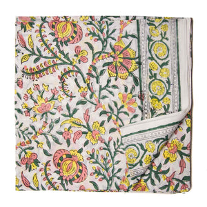 Peach and Yellow Sanganeri Hand Block Printed Cotton Fabric with floral design