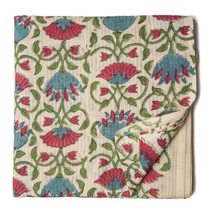 Beige and blue Sanganeri Hand Block Printed textured Cotton Fabric  with floral print